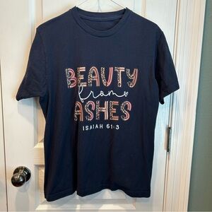 Women’s Navy Graphic Inspirational Short Sleeve T-Shirt “Beauty From Ashes” MD
